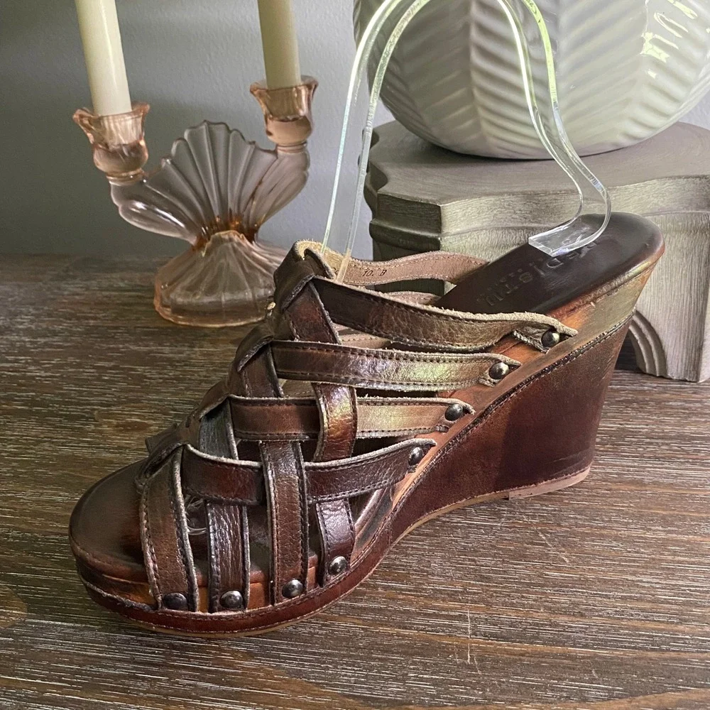 Bed Stu Gina Handmade Leather Studded Wood Platform Wedges Sandals Shoe 10 Brown